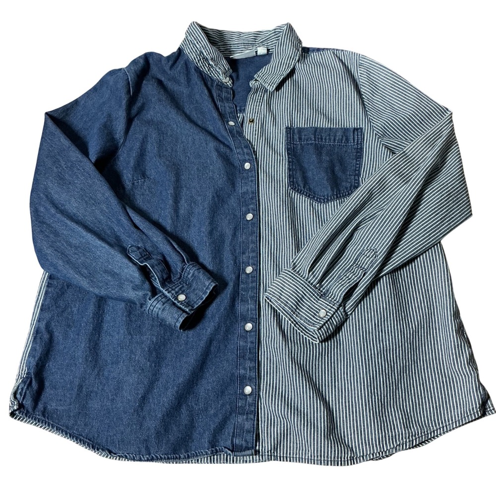 Joan Rivers Mixed Media Denim Pinstripe Shirt Womens L Blue Striped Colorblock